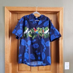 Vintage Hawaiian Shirt Winnie Fashions Mens Size XL Parrots Birds Palm Leaves
